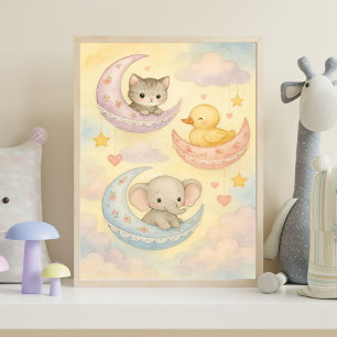 Poster Crescent Moon Baby Animals Baby Girl Nursery