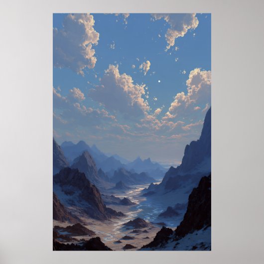 Poster Crescent Moon Over Misty Mountain Valley (Devant)