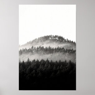 Poster Crête de pins brumeux Forêt noir et blanc