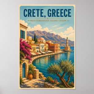 Poster Crète Grèce Illustration Voyage Art Vintage