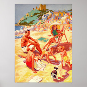 Poster Criccieth beach, Wales, family, vacation, vintage