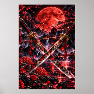 Poster Crimson Katanas — Lames d'âme néon