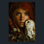 Poster Crimson Scarf Snowy Owl Portrait Mystery<br><div class="desc">A young woman with luminous green eyes looks straight ahead beneath a richly textured crimson headscarf that frames her face like a medieval veil. A snowy owl with delicate brown markings perches calmly on her shoulder, its gaze mirroring hers in quiet intensity. Golden autumn leaves cling to the fabric and...</div>