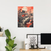 Poster Crimson Serenity : Maison chinoise traditionnelle (Bureau à domicile)