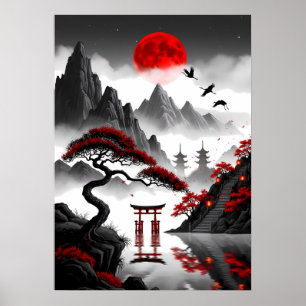 Poster Crimson Zen : paysage japonais à la lune rouge