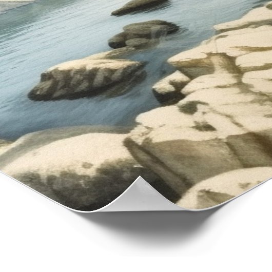 Poster Crique rocheuse au bord d'un lac dans les collines (Coin)