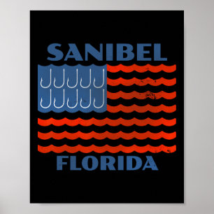 Poster Crochet de pêche vintage Sanibel Drapeau américain