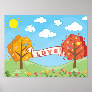 Poster Croire à l'amour gentille arbres Fleurs Oiseaux