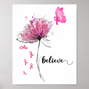 Poster Croire le papillon des fleurs rose Ribbon cancer d