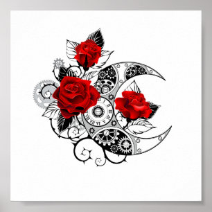 Poster Croissant Mécanique avec Roses Rouges