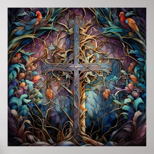 Poster Croix celtique rouillée avec vignes et oiseaux (Devant)
