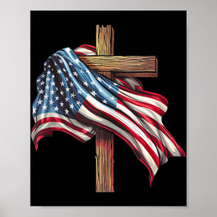 Poster Croix chrétienne du drapeau américain Jésus 4 juil