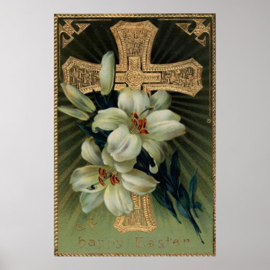 Poster Croix chrétienne en or Lys de Pâques (Devant)