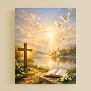 Poster Croix chrétienne et Bible au lever du soleil