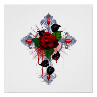 Croix d'argent avec une rose rouge