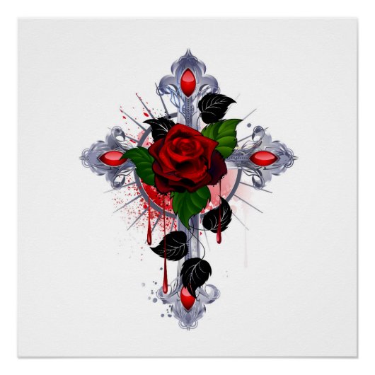 Poster Croix d'argent avec une rose rouge (Devant)
