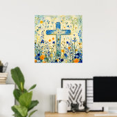 Poster Croix de Pâques par champ de fleurs (Bureau à domicile)