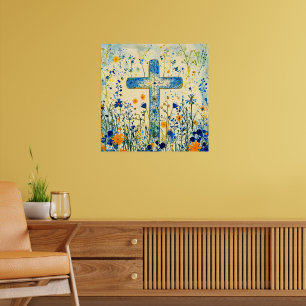Poster Croix de Pâques par champ de fleurs
