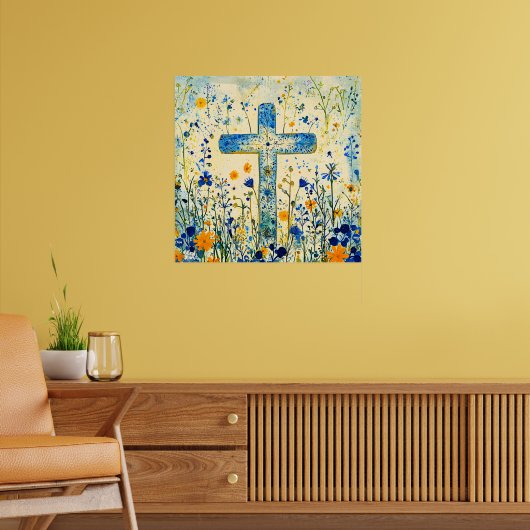 Poster Croix de Pâques par champ de fleurs (Salon 2)
