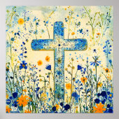 Poster Croix de Pâques par champ de fleurs (Devant)
