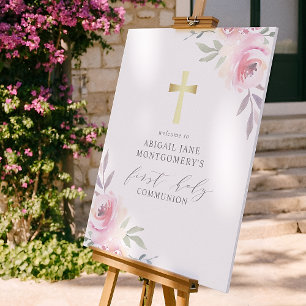 Poster Croix d'or Faux & Fleurs Première Communion sainte