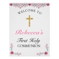 Croix d'or rose Floral Première communion Bienvenu
