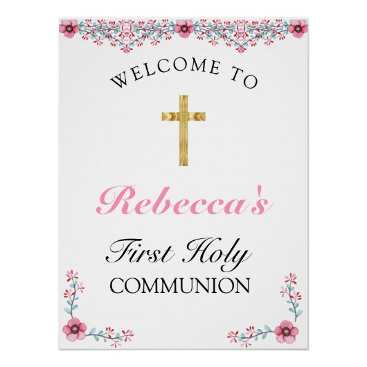 Poster Croix d'or rose Floral Première communion Bienvenu (Devant)