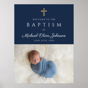 Poster Croix Religieuse Bleue Élégante Garçon Baptême Bie