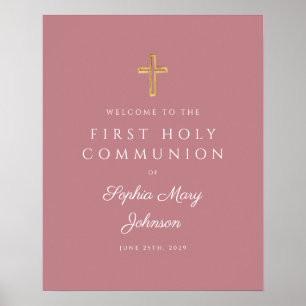 Poster Croix religieuse rose Première communion de fille