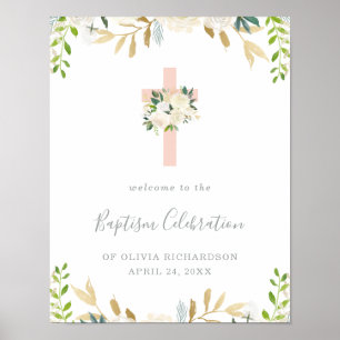 Poster Croix rose et fleurs blanches Bienvenue au baptê