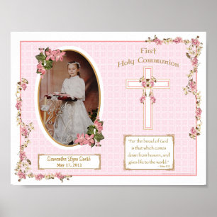 Poster Croix rose Première Communion sainte Personnalisée