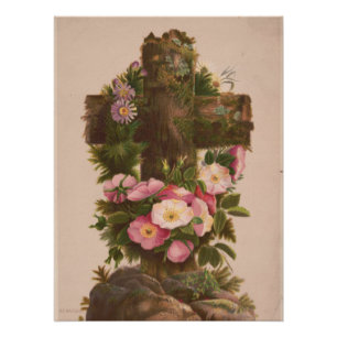 Poster Croix rustique antique, roses sauvages, carte de P
