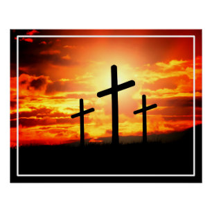 Poster Croix, Silhouettes Coucher du Soleil Peinture