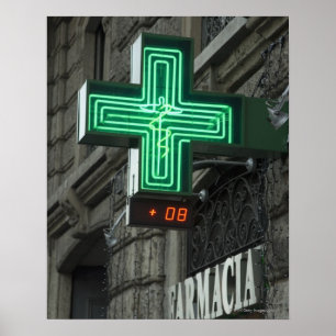 Poster Croix verte au néon en dehors de Farmacia
