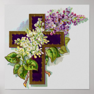 Poster Croix Violette Et Fleurs
