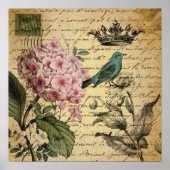 Poster cropt hydrangea bird french botanical (Devant)
