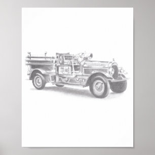 Poster croquis au crayon de camion de pompiers vintage de