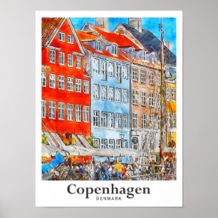 Poster Croquis d'aquarelle de Copenhague Danemark