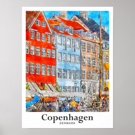 Poster Croquis d'aquarelle de Copenhague Danemark (Devant)