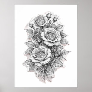Poster Croquis délicat de bouquet de roses romantiques
