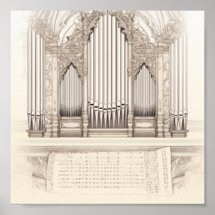 Poster Croquis d'orgue à tuyaux vintage et partition anti