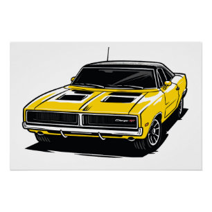 Poster Croquis Pop de Muscle Car Jaune Gras