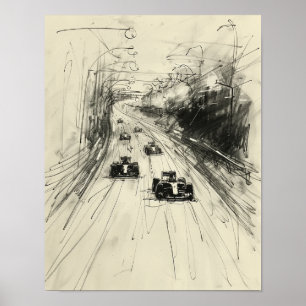 Poster Croquis vintage d'une course de Formule 1 sur pist