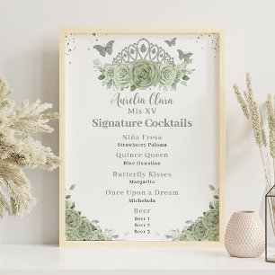 Poster Crown Sage Green Floral Quinceanera Bar Boisson Me