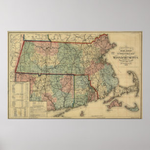 Poster Cru le Massachusetts 1879 et carte d'Île de Rhode