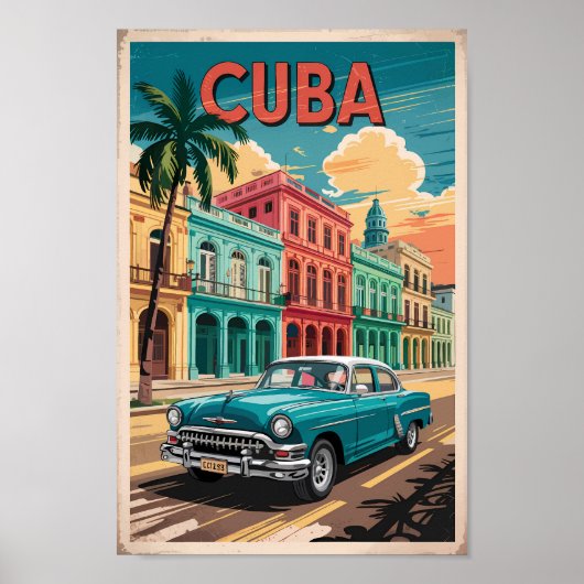 Poster Cuba Classic Car Illustration Travel Art Vintage (Devant)