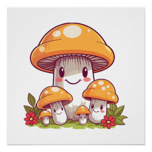 Poster Cueillette de champignons, style kawaii heureux