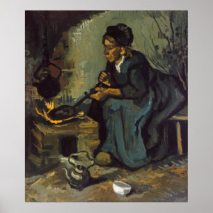 Poster Cuisine rurale de femme par une cheminée par Van