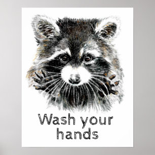 Poster Cuisine salle de bain Lavez vos mains Raccoon Anim
