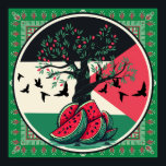 Poster culture palestienne | pastèque palestine, olive t<br><div class="desc">Dans cette oeuvre d'art vivante et évocatrice, l'artiste mélange magistralement des éléments de culture et de symbolisme pour communiquer un soutien indéfectible à la population de Gaza. La composition est un témoignage visuel de la résilience, de l'héritage et de l'espoir qui persistent malgré les défis. livre un puissant message de...</div>